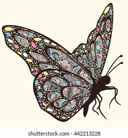 Butterfly with patterns. Wings with multicolored oriental ornaments in style boho, ethnic design, hippie style, arabesque, bohemian. Embroidered openwork exotic Insect. Hand drawing vector graphic