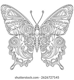 Butterfly with patterns.Coloring book antistress for children and adults. Illustration isolated on white background.Zen-tangle style. Hand draw