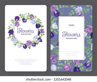 Butterfly pea flowers and leaf on background template. Vector set of blooming floral for wedding invitations and greeting card design.