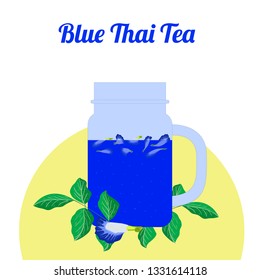 Butterfly pea tea in glass jars on white background. Concept for cocktail menu bar. Vector illustration in flat design.