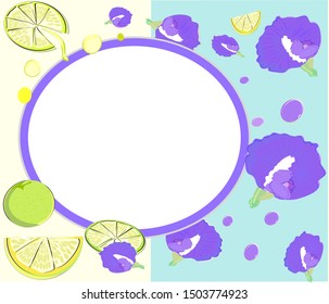 Butterfly pea (сlitoria ternatea) or bluebells, wine and lemon, herbal drink, design of natural herbal products Frame with various colored leaves, vector decorative text frame