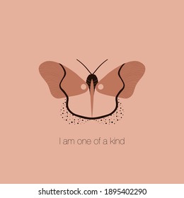 Butterfly in peach nougat and softend brown colors with "I am one of a kind" caption. Vector illustration for fashion graphic designs as T-shirt prints, pajamas, bedding sets, fabrics and logos.
