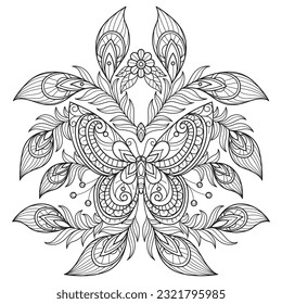 Butterfly and peacock feather hand drawn for adult coloring book