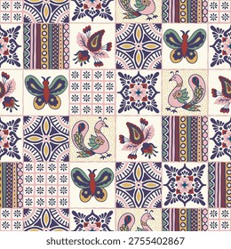 butterfly and peacock in patchwork style pattern