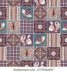 butterfly and peacock in patchwork style pattern