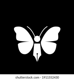 Butterfly pen concept pen with butterfly wings and antenna vector logo icon illustration design