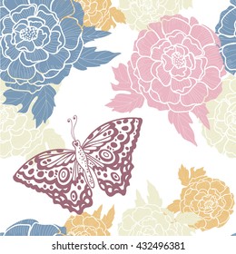 Butterfly and peony on a white background. Vector seamless pattern. Butterflies and flowers vector illustration. Chinoiserie.  All over print.
