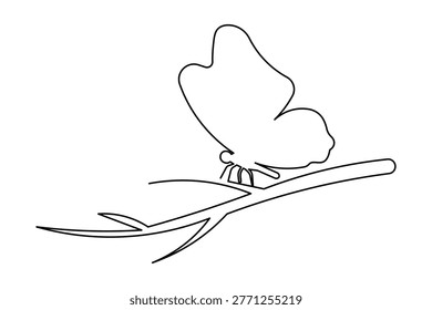 Butterfly perched on branch continuous one line art simple symbol