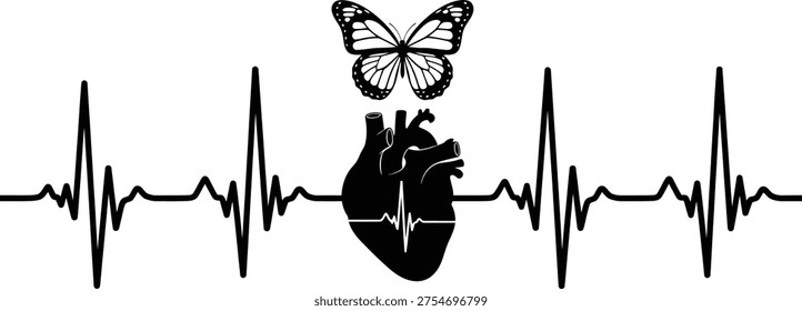 A butterfly perched on a heart with an electrocardiogram ECG line, symbolizing life, freedom, and love