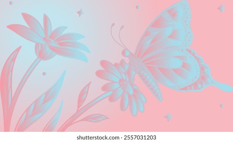 A butterfly perched on vibrant flowers against a soft pink background, showcasing nature's beauty and color harmony.