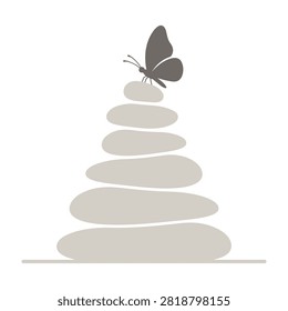 A butterfly perches on a stack of flat stones, symbolizing balance and harmony in a serene natural setting