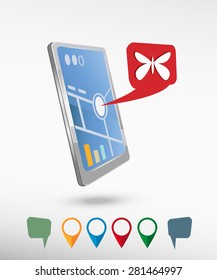Butterfly and perspective smartphone vector realistic. Set of bright map pointers for printing, website, presentation element and application mockup.