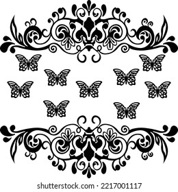 Butterfly picture that contains specific lines , different designs and many black butterflies on it 