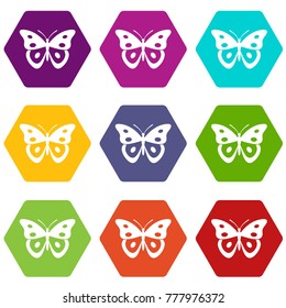 Butterfly pierid icon set many color hexahedron isolated on white vector illustration