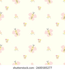 Butterfly pink cartoon so cute. On flower background. Pattern seamless vector illustration. 