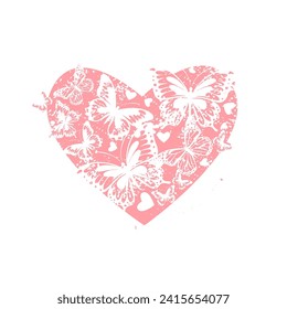 Butterfly pink hearts. Happy Valentine's Day. hand drawing. Not AI, Vector illustration