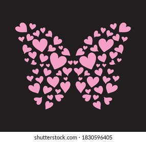 Butterfly with Pink Hearts, Vector Design for Fashion and Poster Prints