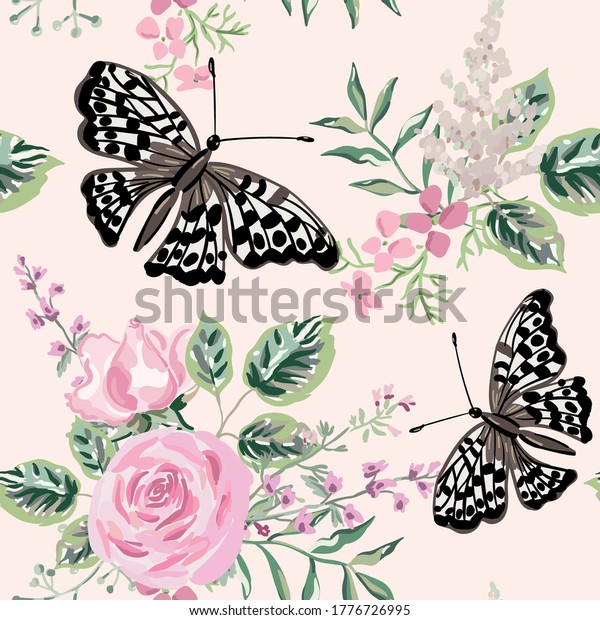 Butterfly, pink rose flowers with green leaves bouquets background. Floral illustration. Vector seamless pattern. Botanical design. Nature summer plants. Romantic wedding