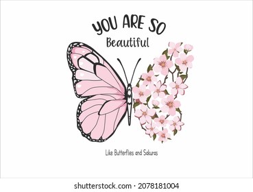 butterfly and pink sakura vector art design