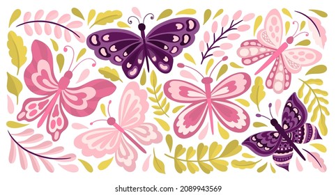 Colección de mariposa y plantas.Simple colección de insectos de elementos livianos.Aislados en fondo blanco.Ilustración vectorial.