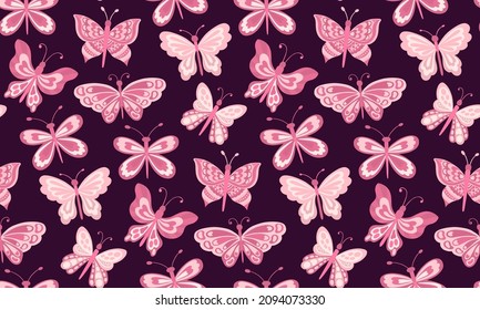 Patrón sin soldadura de mariposa y planta. Simple insecto de elemento liso y plano. Diseño de dibujos animados. Ilustración vectorial.