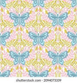 Butterfly and plant seamless pattern.Simple flat cute element insect.Cute cartoon design.Vector illustration.
