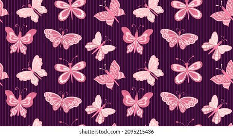 Butterfly and plant seamless pattern.Simple flat cute element insect.Cute cartoon design.Vector illustration.
