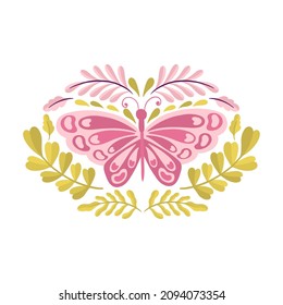 Butterfly and plant.Simple flat cute element insect.Cute cartoon design.Vector illustration.