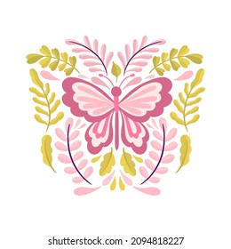 Mariposa y planta. Simple insecto de elemento liso y plano. Diseño de dibujos animados. Ilustración vectorial.