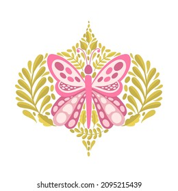 Butterfly and plant.Simple flat cute element insect.Cute cartoon design.Vector illustration.