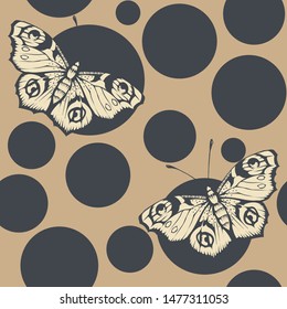 Butterfly and polka dot. Vector illustration of seamless pattern. 