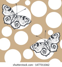 Butterfly and polka dot. Vector illustration of seamless pattern. 