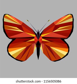 Butterfly polygonal low poly isolated on grey background,symmetrical vector illustration.Insect with geometry triangle.Suitable for printing on a t-shirt.Abstract butterfly of red and orange colors.