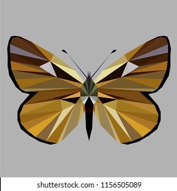 Butterfly polygonal low poly isolated on grey background,symmetrical vector illustration. Insect with geometry triangle. Suitable for printing on a t-shirt. Abstract butterfly of 
brown sand colors.