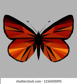 Butterfly polygonal low poly isolated on grey background,symmetrical vector illustration. Insect with geometry triangle. Suitable for printing on a t-shirt. Abstract butterfly of black and red colors.