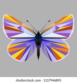 Butterfly polygonal low poly isolated on grey background,symmetrical vector illustration. Insect with geometry triangle. Suitable for printing on a t-shirt. Abstract butterfly of black and red colors.