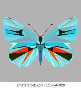 Butterfly polygonal low poly isolated on grey background,symmetrical vector illustration. Insect with geometry triangle. Suitable for printing on a t-shirt. Abstract butterfly of black and red colors.