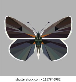 Butterfly polygonal low poly isolated on grey background,symmetrical vector illustration. Insect with geometry triangle. Suitable for printing on a t-shirt. Abstract butterfly of black and red colors.