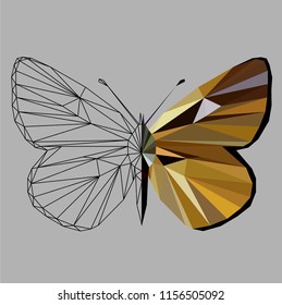 Butterfly polygonal low poly wireframe isolated on grey background,vector illustration. Insect with geometry triangle.Suitable for printing on a t-shirt.Abstract butterfly of of 
brown sand colors.
