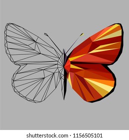 Butterfly polygonal low poly wireframe isolated on grey background,vector illustration. Insect with geometry triangle.Suitable for printing on a t-shirt.Abstract butterfly of of red and orange colors.