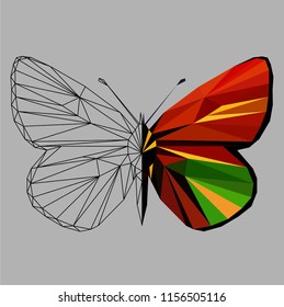 Butterfly polygonal low poly wireframe isolated on grey background,vector illustration. Insect with geometry triangle.Suitable for printing on a t-shirt.Abstract butterfly of green and red colors.