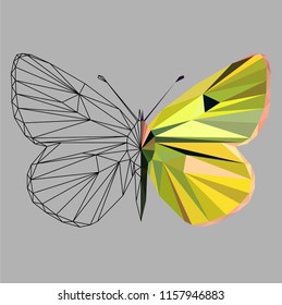 Butterfly polygonal low poly wireframe isolated on grey background,vector illustration. Insect with geometry triangle.Suitable for printing on a t-shirt.Abstract butterfly of black and blue   colors.