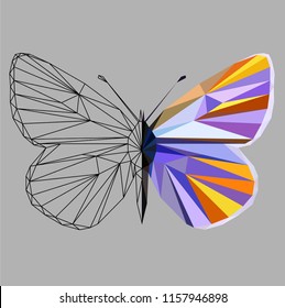 Butterfly polygonal low poly wireframe isolated on grey background,vector illustration. Insect with geometry triangle.Suitable for printing on a t-shirt.Abstract butterfly of black and blue   colors.