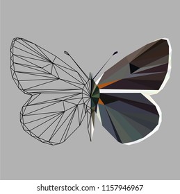 Butterfly polygonal low poly wireframe isolated on grey background,vector illustration. Insect with geometry triangle.Suitable for printing on a t-shirt.Abstract butterfly of black and blue   colors.