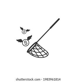 Mosca de mariposa, piscina o red de peces y moneda de un dólar con alas. Captura, caza, persigue el símbolo del dinero. Lograr objetivos, éxito financiero, concepto de ingresos empresariales.  Ilustración vectorial aislada en fondo blanco. 