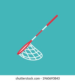 Butterfly, pool or fish red net flat icon. Catch, hunt, chase symbol. Vector illustration isolated on blue  background. Pool cleaning