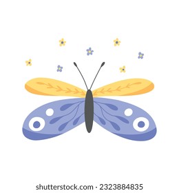 Butterfly poster in flat style. Vector illustration. Hand-drawn butterfly with flowers.