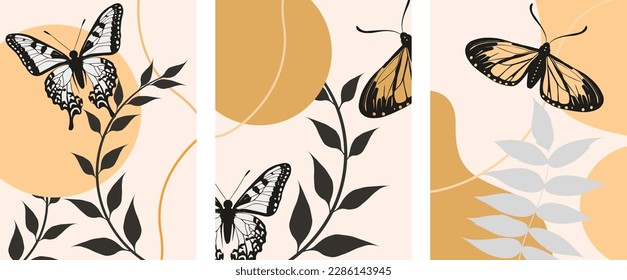 Butterfly poster set in nature. Abstract floral set with butterflies. Vector drawing, design elements.