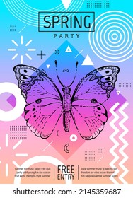 Butterfly poster. Vector spring geometric print. Art design butterfly abstract background. Drawing embroidery illustration. Retro vintage hipster concept. Rainbow summer color vector print design