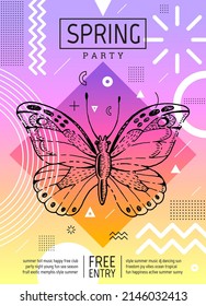 Schmetterlingsplakat. Geometrischer Vektor-Frühlingsdruck. Kunstdesign Schmetterling abstrakter Hintergrund. Zeichnen Stickereigrafik. Retro Vintage Hipster Konzept. Rainbow Summer Color Vektordesign